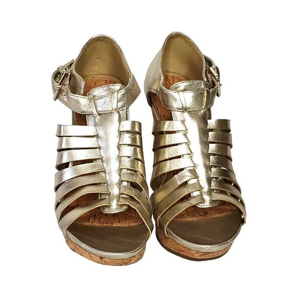 Mia Strappy Heels 9.5 Metallic Gold Open Toe Cone Heel Evening Dance Party - Picture 3 of 8